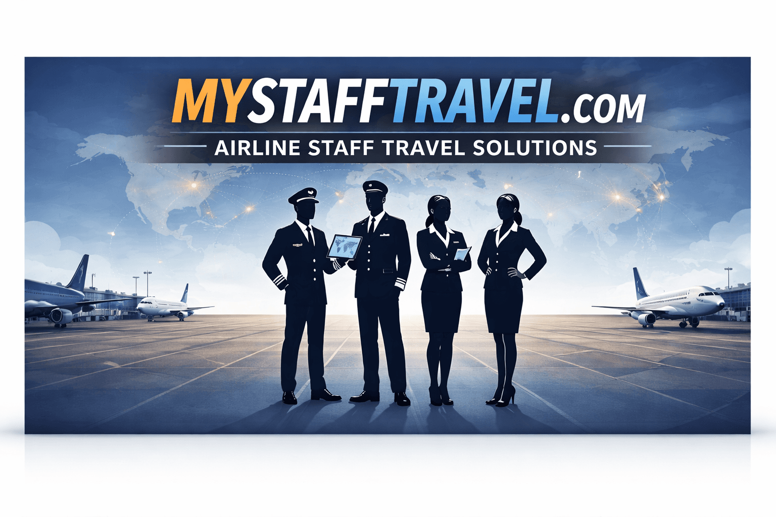 Silhouetted airline crew on a tarmac with planes and a world map for travel solutions.