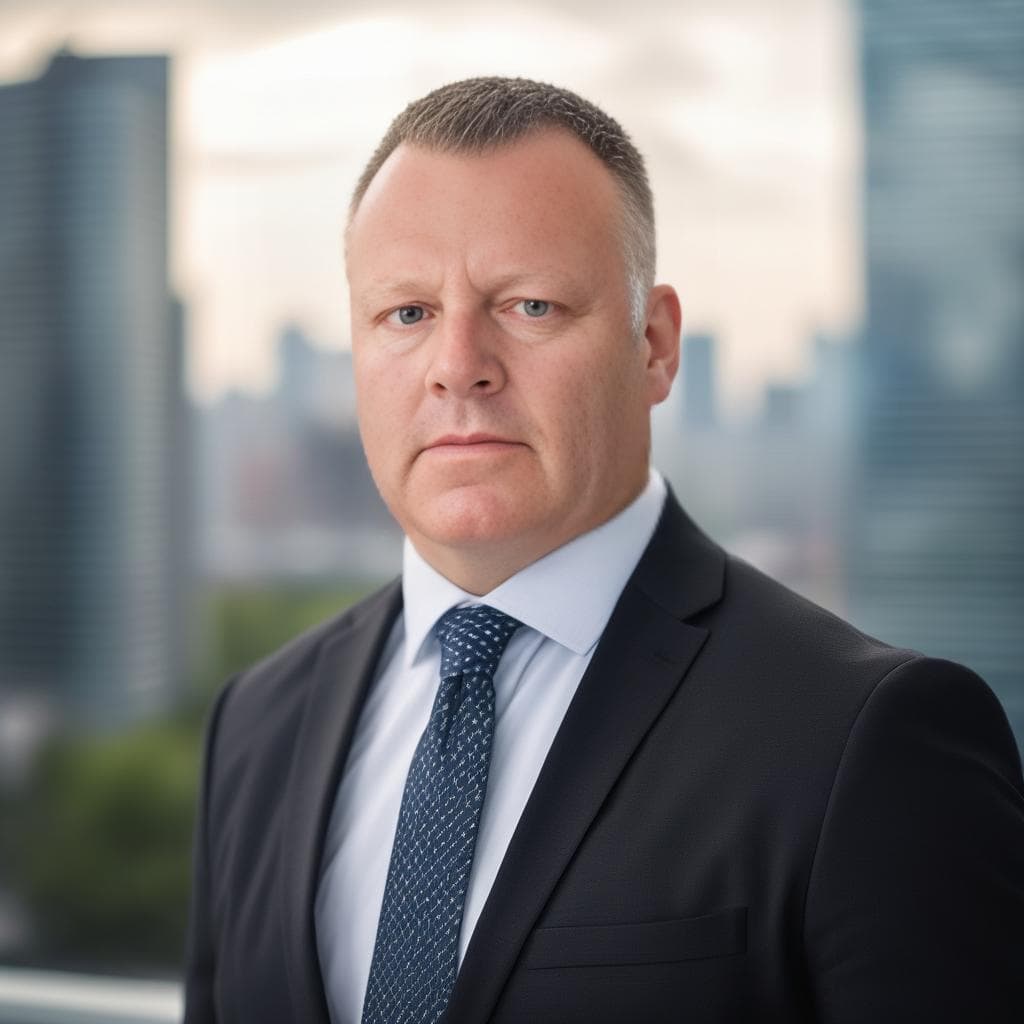 Professional man in a dark suit and blue tie with a blurred cityscape background.